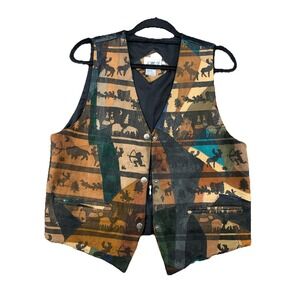 Vintage JMT Native Western Design Leather Vest Women's Sz M Teepee Moose Buffalo